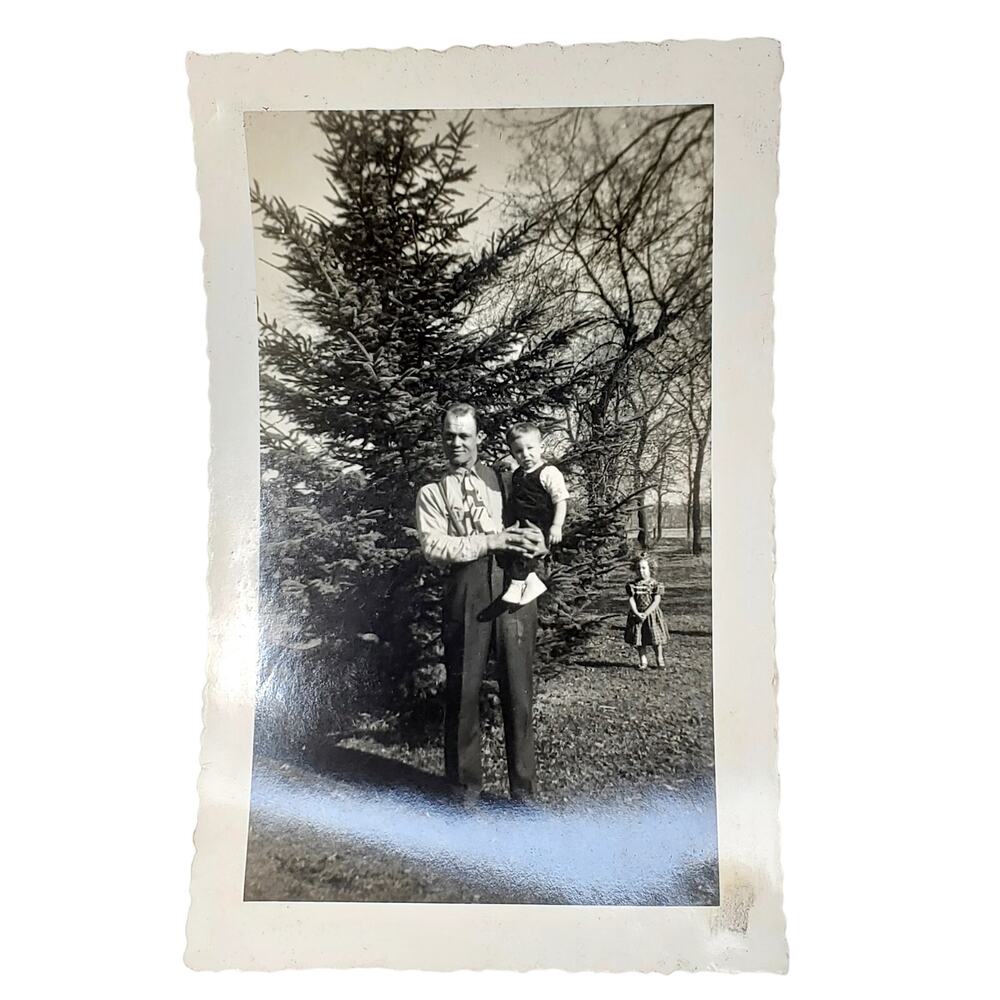 Vtg Father with His Children Together Monochrome Photography Found Snapshot